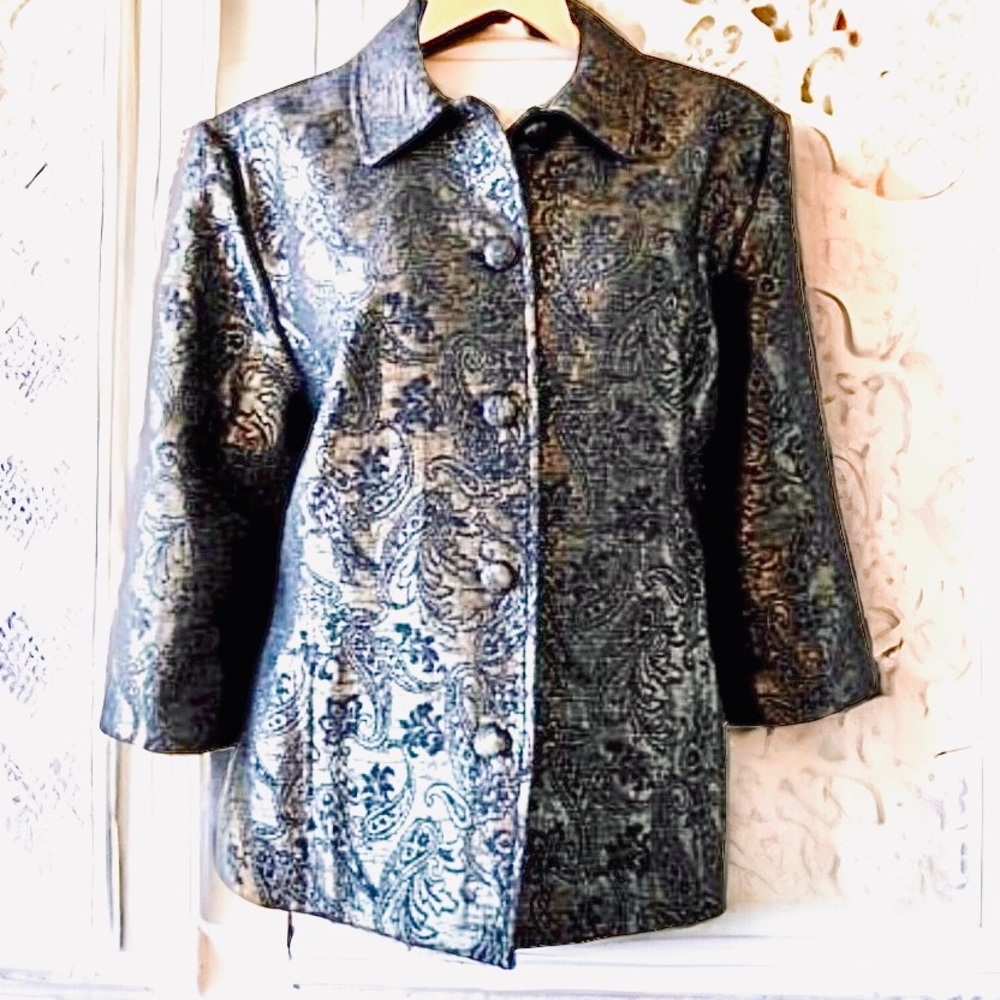 Alfred Dunner Paisley Floral Pattern Jacket In Silver Blue Metallic Color Sz 14